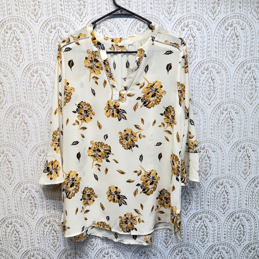 Maurices Floral Blouse Womens Large White Yellow Bell Sleeve Ladder Trim 113557Y